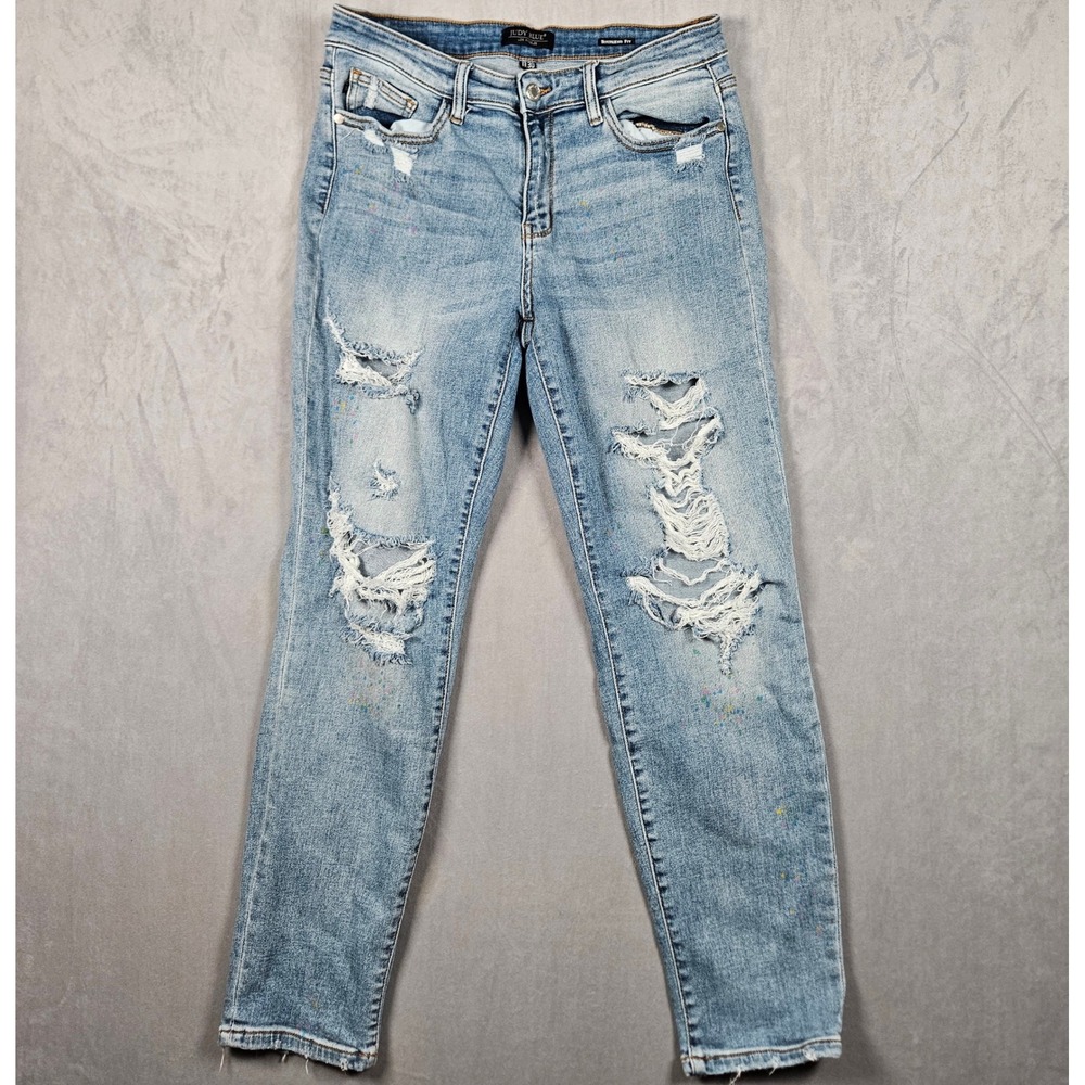 Judy Blue Boyfriend Jeans Womens 11/30 Blue Distressed Paint Splatter Stretch